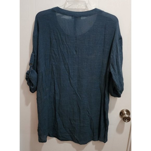 Umgee Women's Long Crepe Tunic Top Roll Tab 3/4 Sleeve Airy Solid Blue Sz Small - Picture 9 of 10